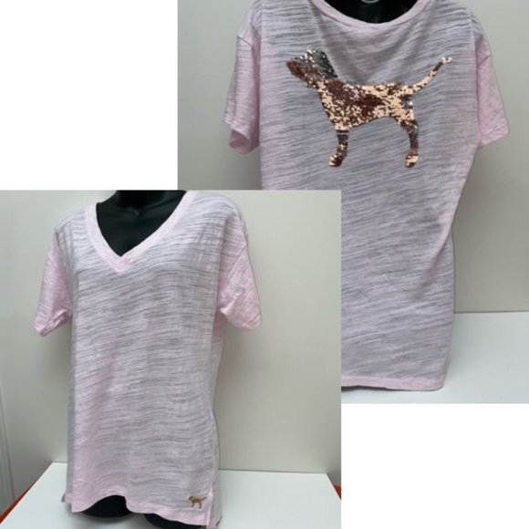 VS PINK Pink V-Neck Tee with Flippy Sequins Dog Logo - Picture 1 of 10